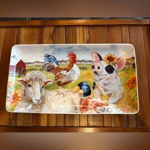 Pier 1 Imports Stoneware Platter Farm Life Barn Sheep Pig Rooster Duck